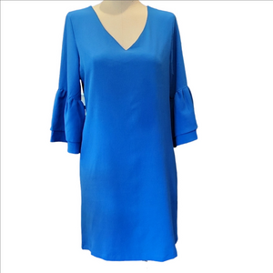 BELONGSEI Elegant Blue V-Neck Dress With Bell Sleeves